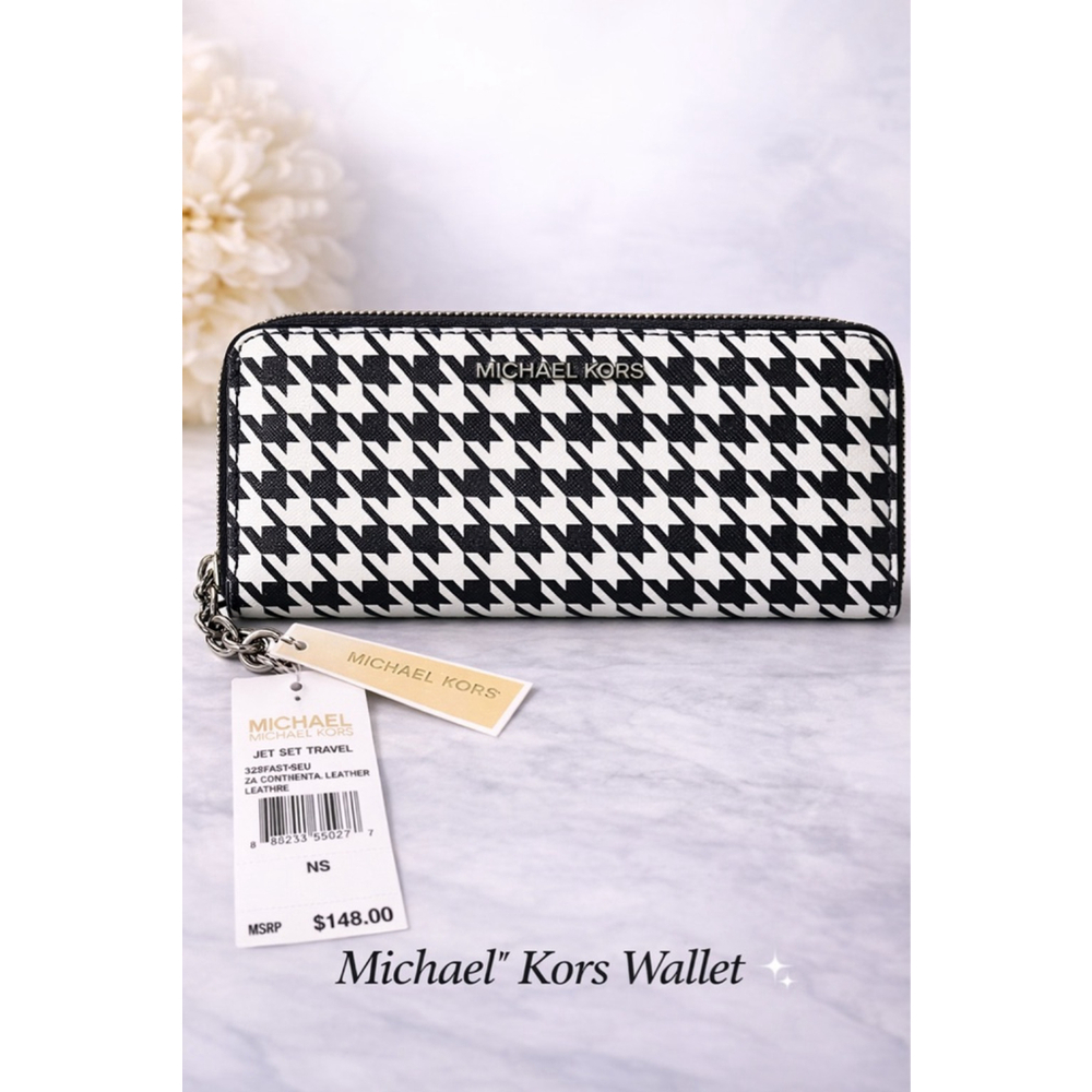 NWT Michael Kors Jet Set Travel Houndstooth Zip Around Wallet Black White $148